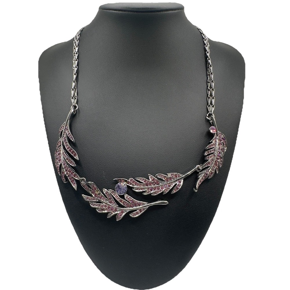 Givenchy Necklace Purple Rhinestone Leaf Bib Gunmetal Tone Statement 15" - 17" - Picture 5 of 16
